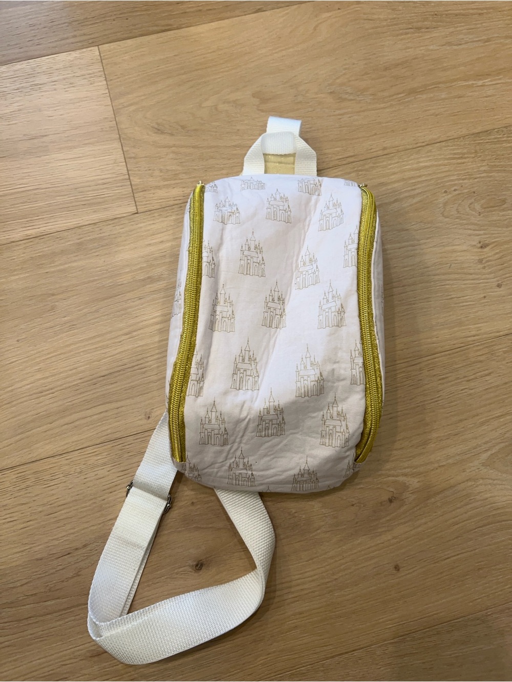 White Cinderella Castle Print Crossbody Sling Bag with Gold Trim